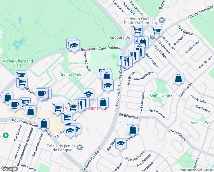 map of restaurants, bars, coffee shops, grocery stores, and more near 1265 Chemin du Tremblay in Longueuil