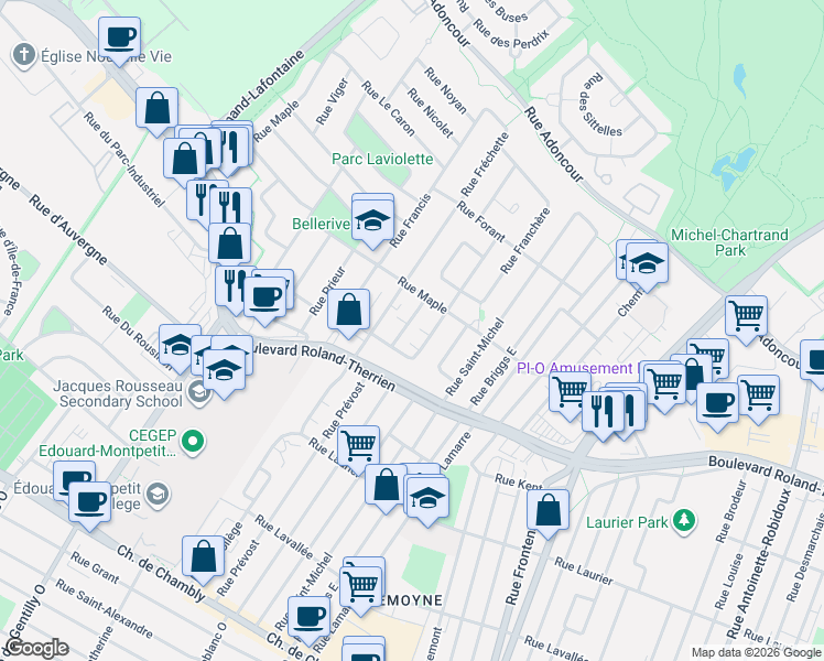 map of restaurants, bars, coffee shops, grocery stores, and more near 836 Rue Falardeau in Longueuil