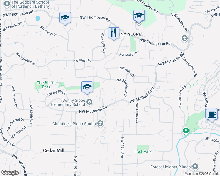 map of restaurants, bars, coffee shops, grocery stores, and more near 11471 Northwest Knightsview Lane in Portland