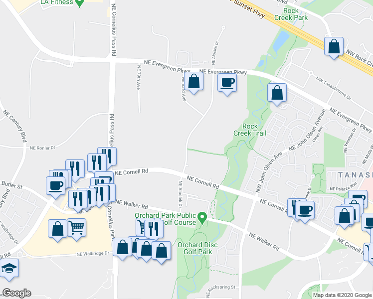 map of restaurants, bars, coffee shops, grocery stores, and more near 3030 Northwest Aloclek Drive in Hillsboro