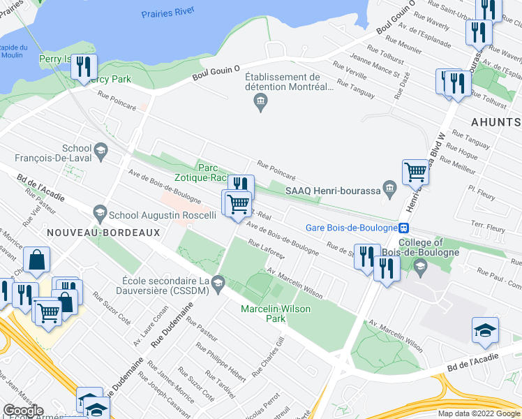 map of restaurants, bars, coffee shops, grocery stores, and more near 11629 Rue de Saint-Réal in Montréal