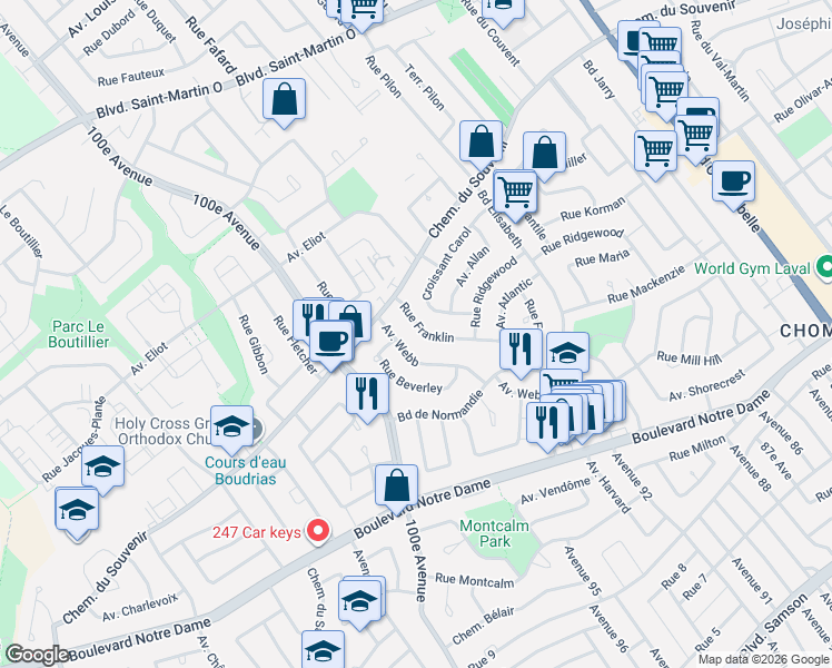 map of restaurants, bars, coffee shops, grocery stores, and more near 1446 Rue Franklin in Laval