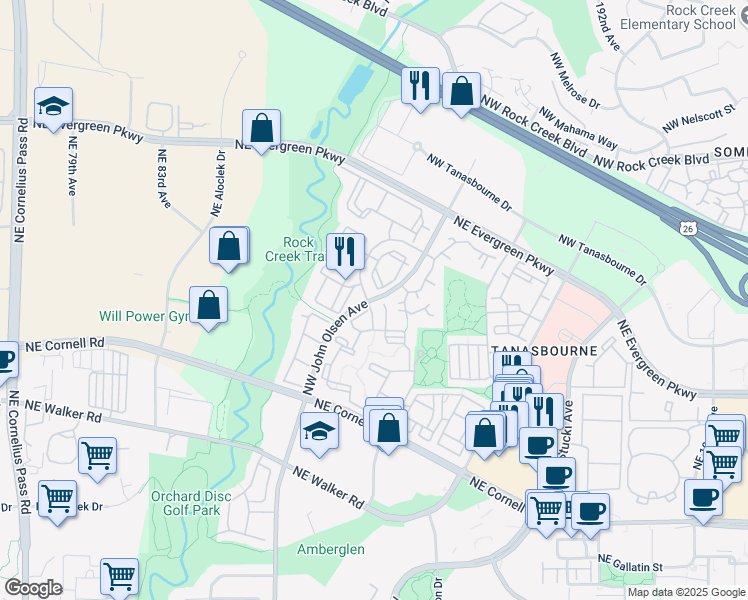 map of restaurants, bars, coffee shops, grocery stores, and more near 2715 NW John Olsen Ave in Hillsboro
