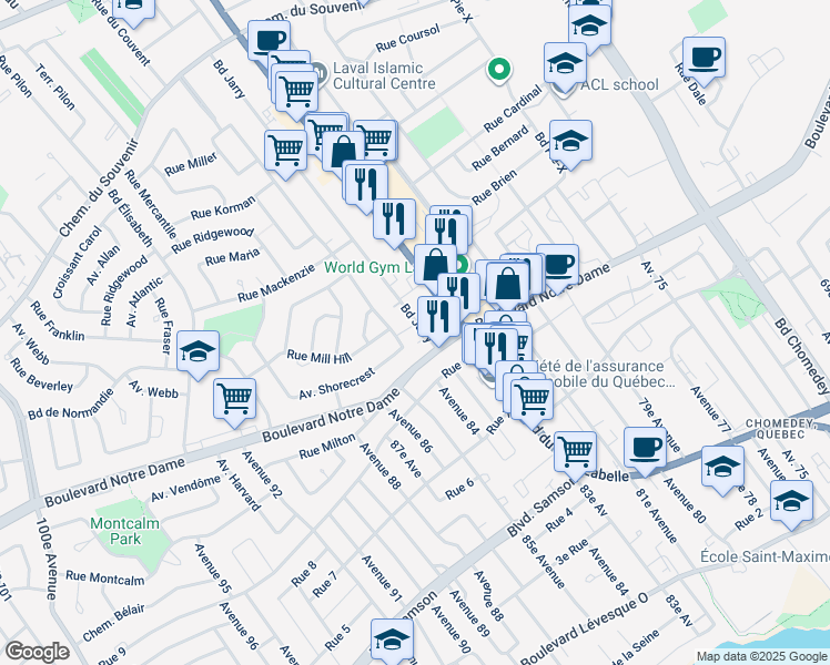 map of restaurants, bars, coffee shops, grocery stores, and more near 910 Boulevard Jarry in Laval