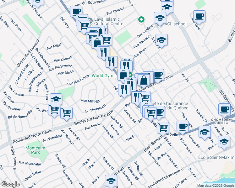map of restaurants, bars, coffee shops, grocery stores, and more near 946 Boulevard du Curé-Labelle in Laval