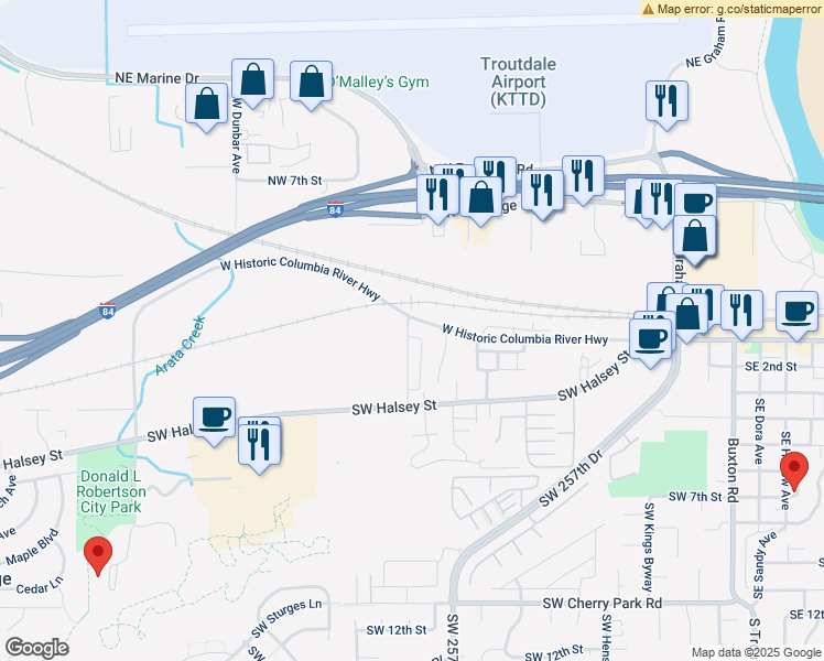 map of restaurants, bars, coffee shops, grocery stores, and more near 1344 West Historic Columbia River Highway in Troutdale