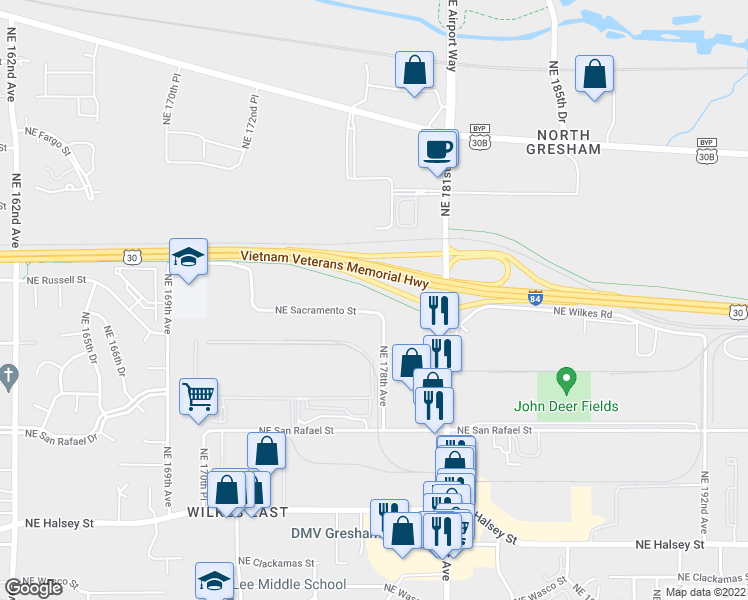 map of restaurants, bars, coffee shops, grocery stores, and more near 17777 Northeast Sacramento Street in Portland