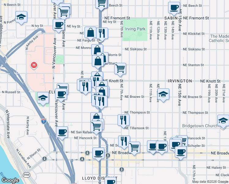 map of restaurants, bars, coffee shops, grocery stores, and more near 2662 Northeast 6th Place in Portland