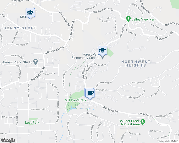 map of restaurants, bars, coffee shops, grocery stores, and more near 2527 Northwest Fern Ridge Drive in Portland