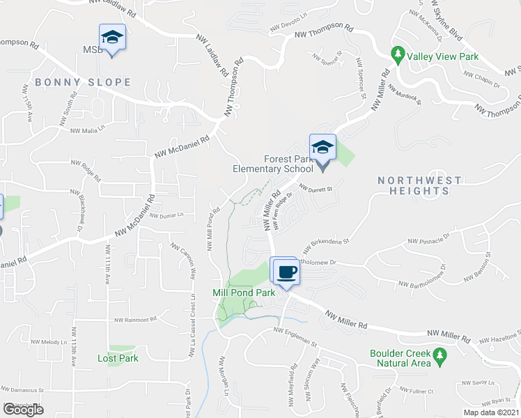 map of restaurants, bars, coffee shops, grocery stores, and more near 2341 Northwest Brewer Lane in Portland