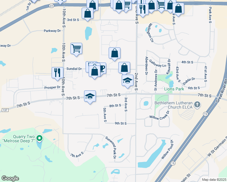 map of restaurants, bars, coffee shops, grocery stores, and more near 401 7th Street South in Waite Park