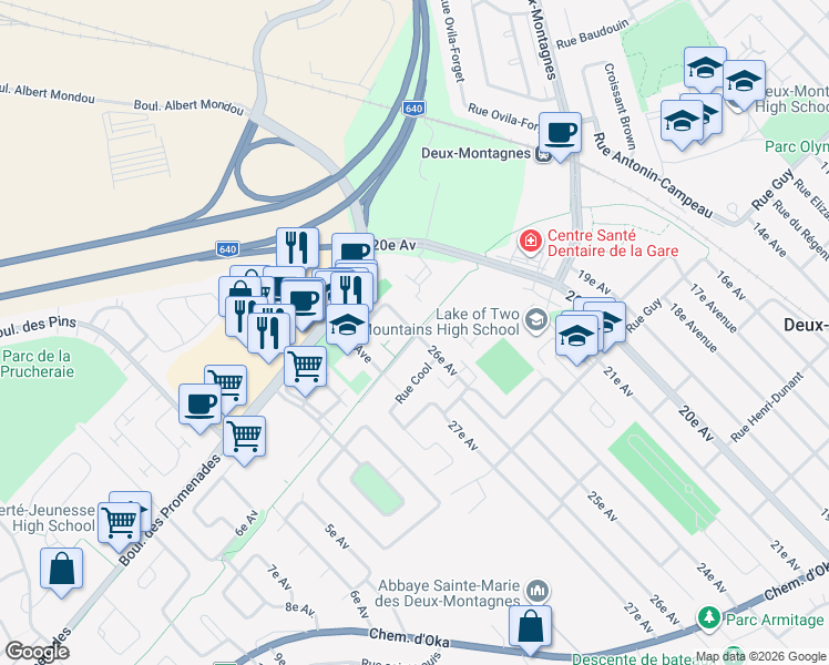 map of restaurants, bars, coffee shops, grocery stores, and more near 26e Avenue in Deux-Montagnes