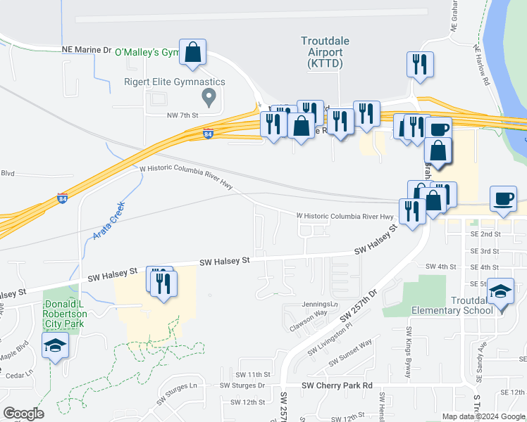 map of restaurants, bars, coffee shops, grocery stores, and more near 1234 West Historic Columbia River Highway in Troutdale