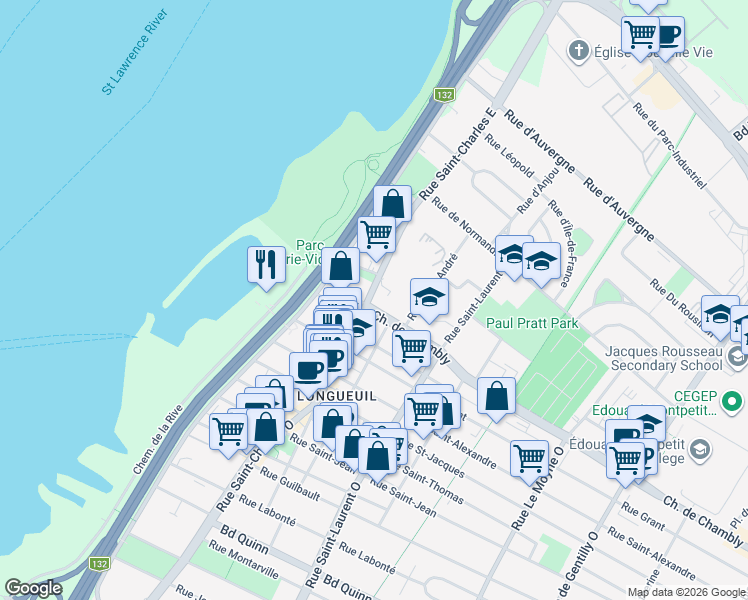 map of restaurants, bars, coffee shops, grocery stores, and more near 50 Rue Saint-Charles Est in Longueuil