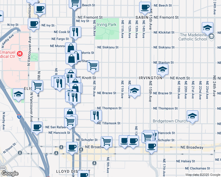 map of restaurants, bars, coffee shops, grocery stores, and more near 909 Northeast Brazee Street in Portland