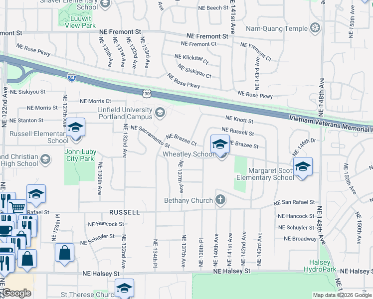 map of restaurants, bars, coffee shops, grocery stores, and more near 13705 Northeast Sacramento Street in Portland