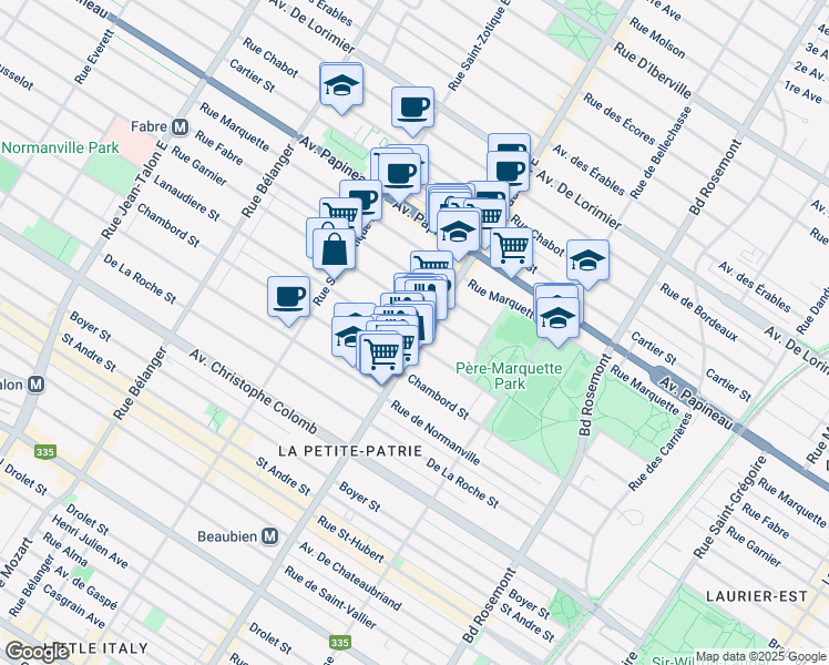 map of restaurants, bars, coffee shops, grocery stores, and more near 1392 Rue Beaubien Est in Montréal