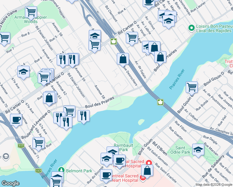 map of restaurants, bars, coffee shops, grocery stores, and more near 531 Boulevard des Prairies in Laval