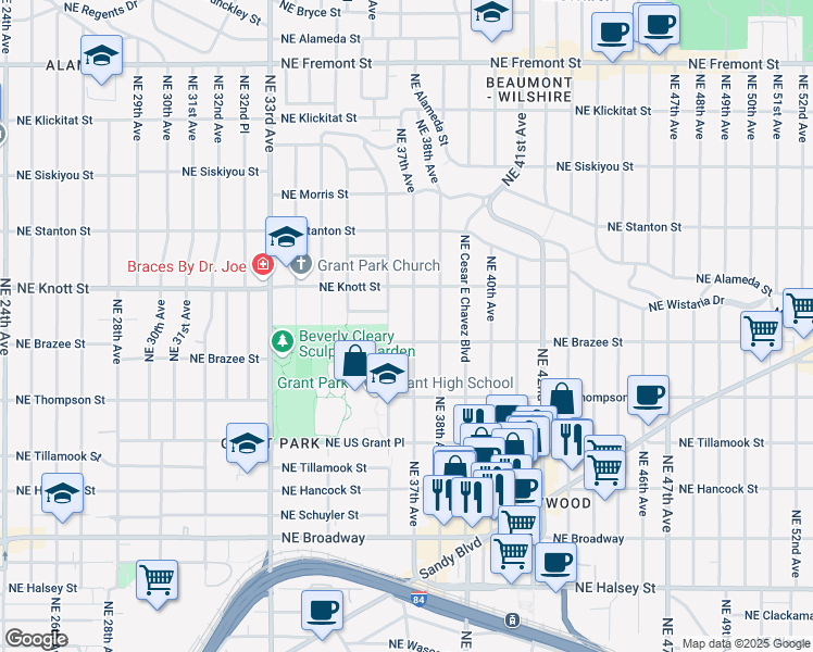 map of restaurants, bars, coffee shops, grocery stores, and more near 2614 Northeast 37th Avenue in Portland
