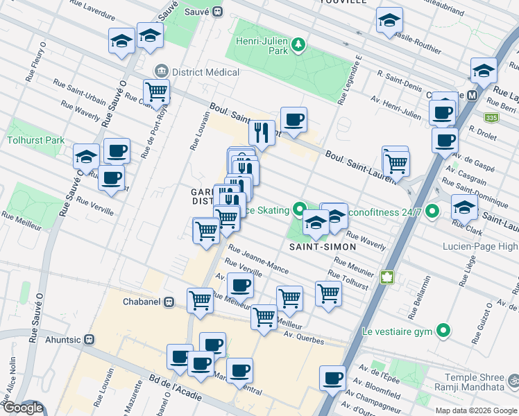 map of restaurants, bars, coffee shops, grocery stores, and more near 9239 Avenue de l'Esplanade in Montréal