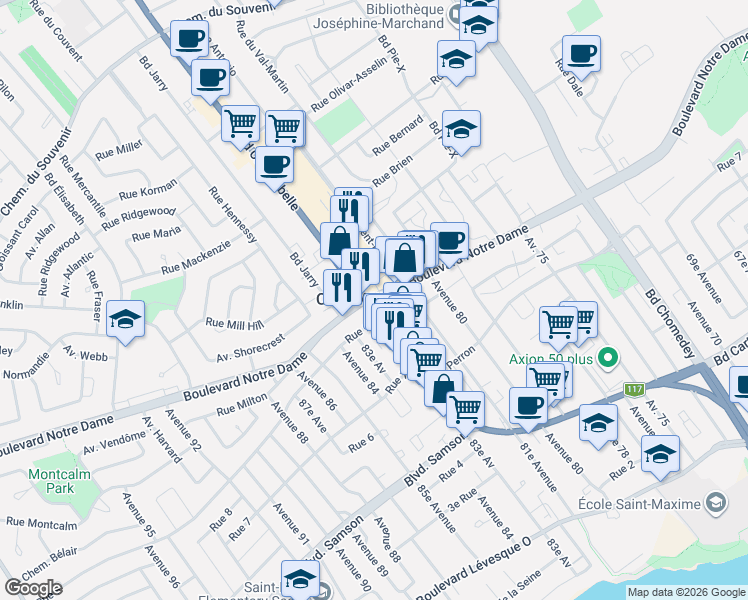 map of restaurants, bars, coffee shops, grocery stores, and more near 3860 Boulevard Notre-Dame in Laval