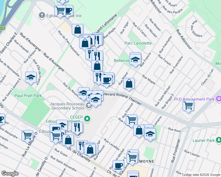 map of restaurants, bars, coffee shops, grocery stores, and more near 874 Rue de Gentilly Est in Longueuil