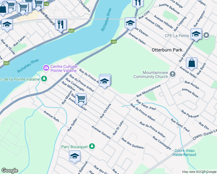 map of restaurants, bars, coffee shops, grocery stores, and more near 303 Rue du Prince-Albert in Otterburn Park
