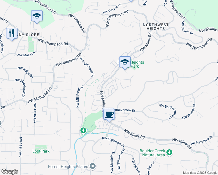 map of restaurants, bars, coffee shops, grocery stores, and more near 2527 Northwest Fern Ridge Drive in Portland