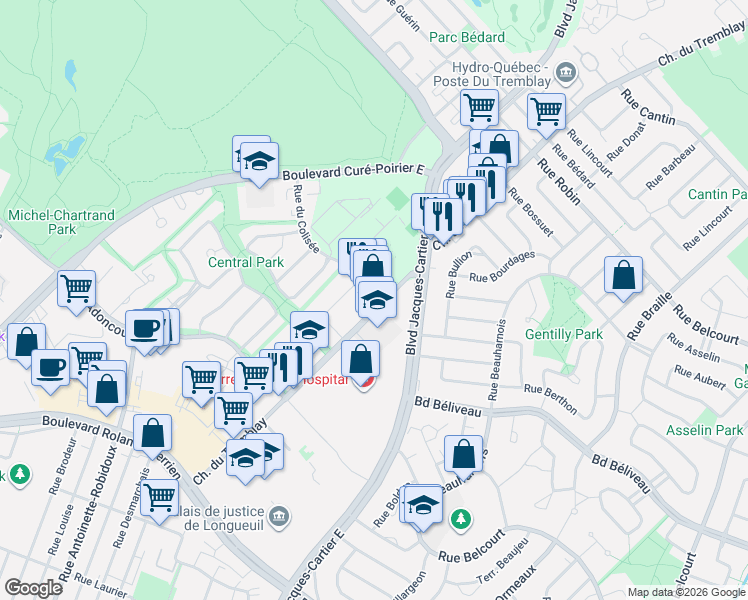 map of restaurants, bars, coffee shops, grocery stores, and more near 1275 Chemin du Tremblay in Longueuil