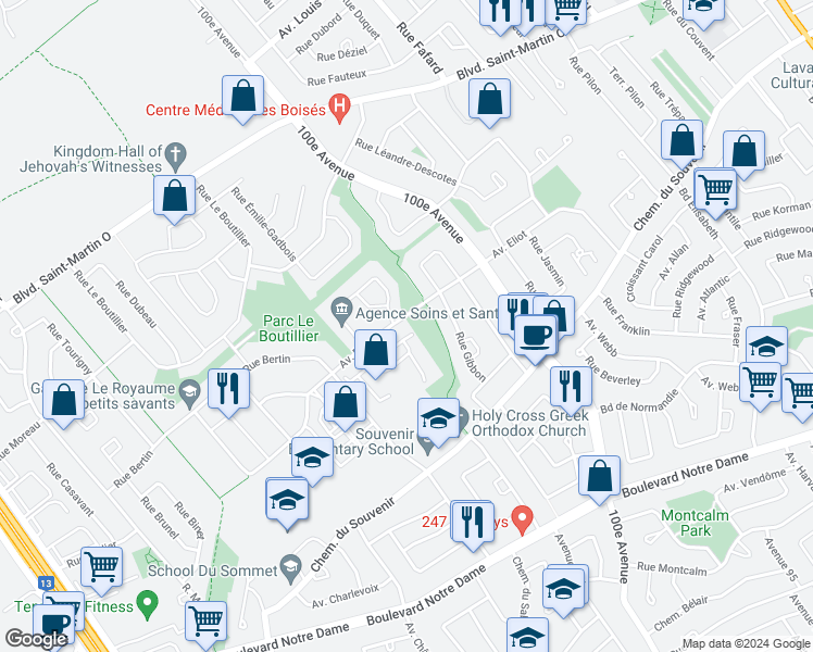 map of restaurants, bars, coffee shops, grocery stores, and more near 4811 Avenue Eliot in Laval