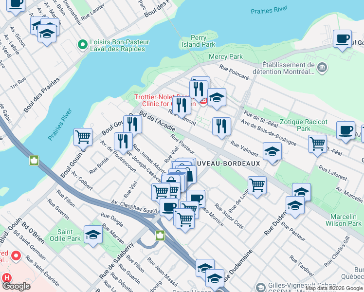 map of restaurants, bars, coffee shops, grocery stores, and more near 12092 Rue Pasteur in Montréal
