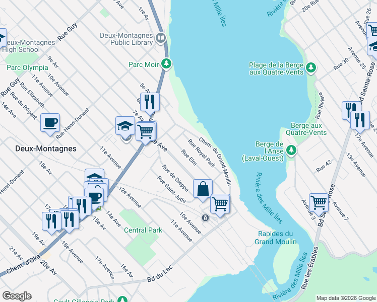 map of restaurants, bars, coffee shops, grocery stores, and more near 117 Rue Elm in Deux-Montagnes