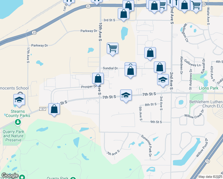 map of restaurants, bars, coffee shops, grocery stores, and more near 801 7th Street South in Waite Park