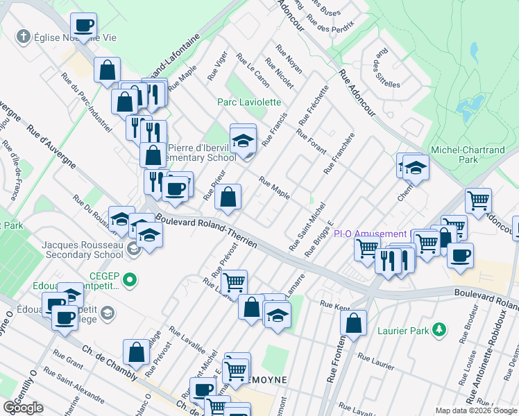 map of restaurants, bars, coffee shops, grocery stores, and more near 825 Rue Falardeau in Longueuil