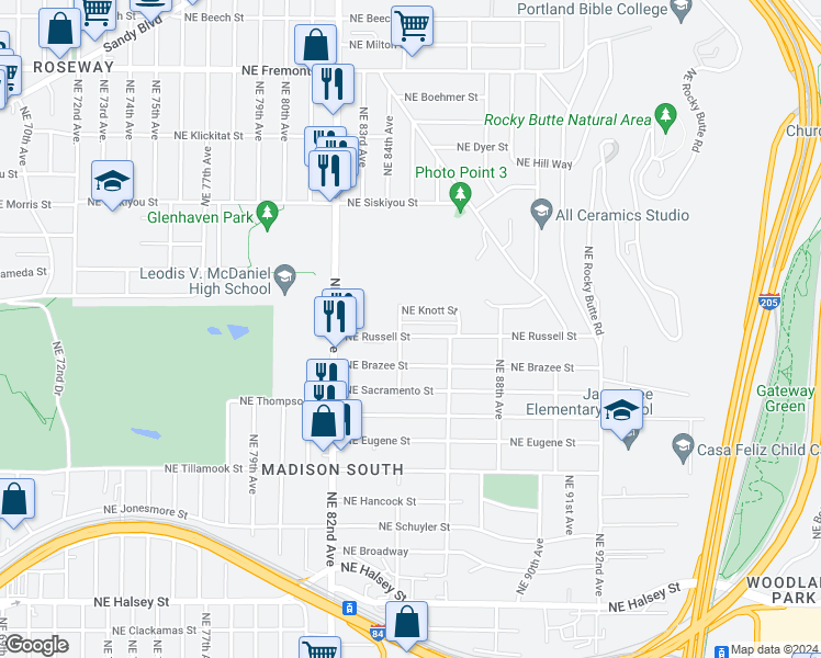 map of restaurants, bars, coffee shops, grocery stores, and more near 8415 Northeast Russell Street in Portland