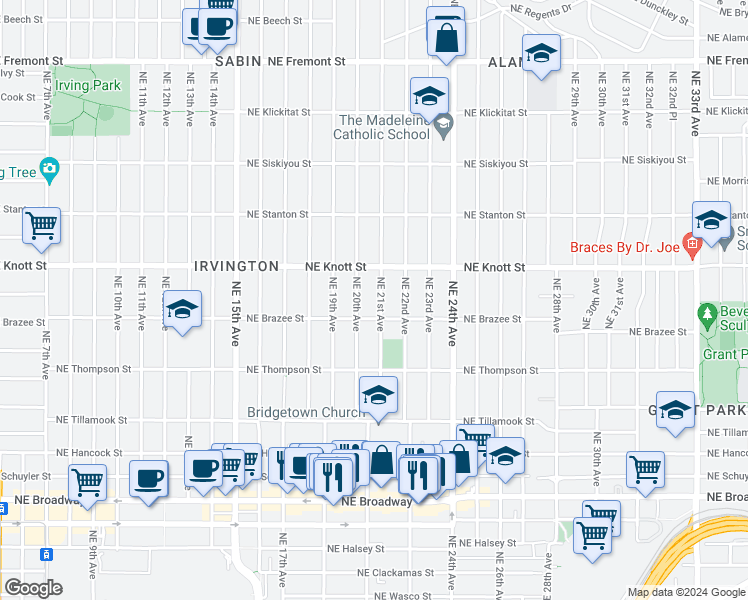 map of restaurants, bars, coffee shops, grocery stores, and more near 2537 Northeast 21st Avenue in Portland