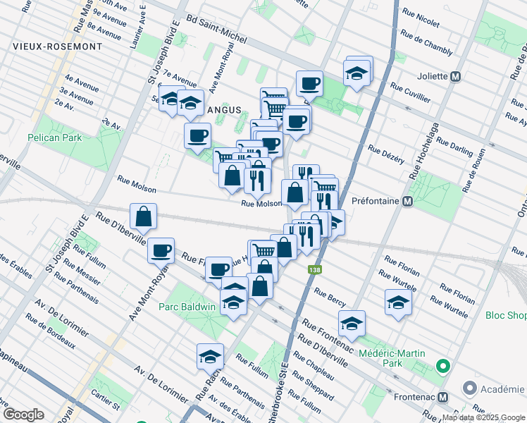 map of restaurants, bars, coffee shops, grocery stores, and more near 4100 Rue Molson in Montréal