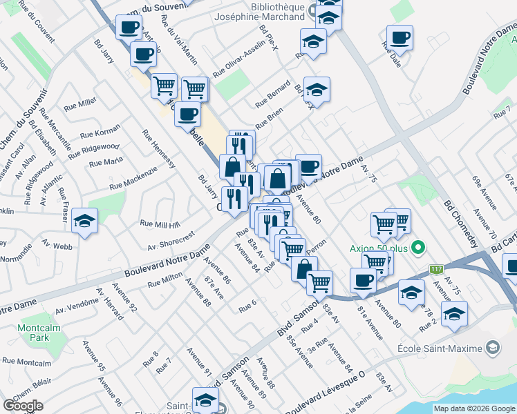 map of restaurants, bars, coffee shops, grocery stores, and more near 3870 Boulevard Notre-Dame in Laval