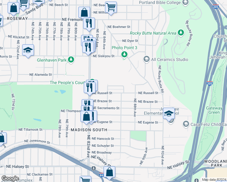 map of restaurants, bars, coffee shops, grocery stores, and more near 8431 Northeast Russell Street in Portland