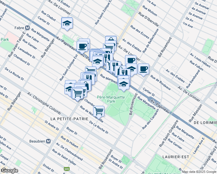 map of restaurants, bars, coffee shops, grocery stores, and more near 1600 Rue de Drucourt in Montréal