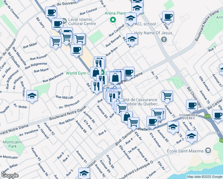 map of restaurants, bars, coffee shops, grocery stores, and more near in Laval