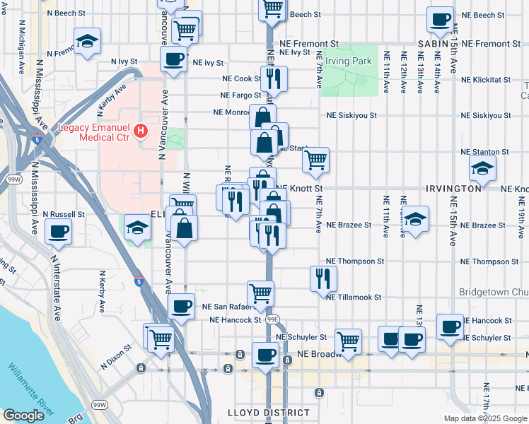 map of restaurants, bars, coffee shops, grocery stores, and more near 305 Northeast Russell Street in Portland