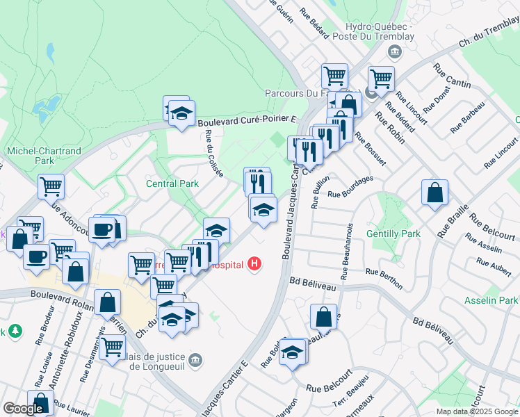 map of restaurants, bars, coffee shops, grocery stores, and more near 1265 Chemin du Tremblay in Longueuil