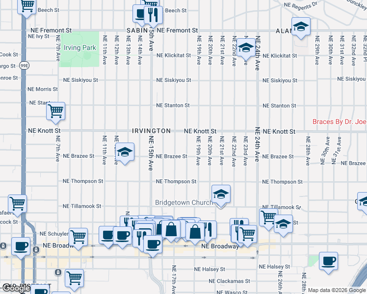 map of restaurants, bars, coffee shops, grocery stores, and more near 2537 Northeast 18th Avenue in Portland