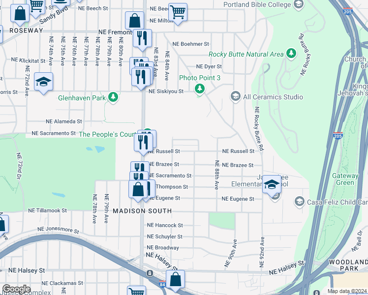 map of restaurants, bars, coffee shops, grocery stores, and more near 8430 Northeast Knott Street in Portland