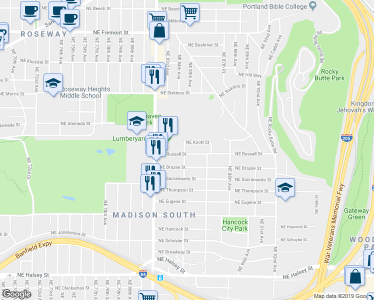 map of restaurants, bars, coffee shops, grocery stores, and more near 8430 Northeast Knott Street in Portland