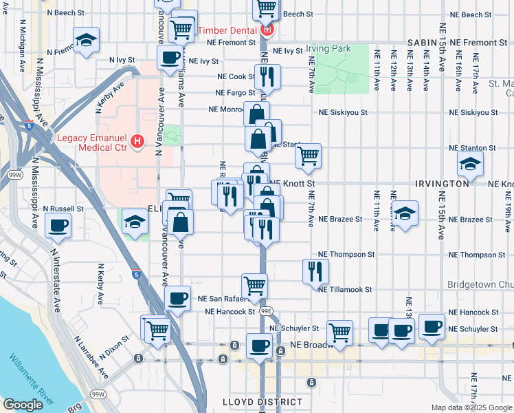 map of restaurants, bars, coffee shops, grocery stores, and more near 305 Northeast Russell Street in Portland