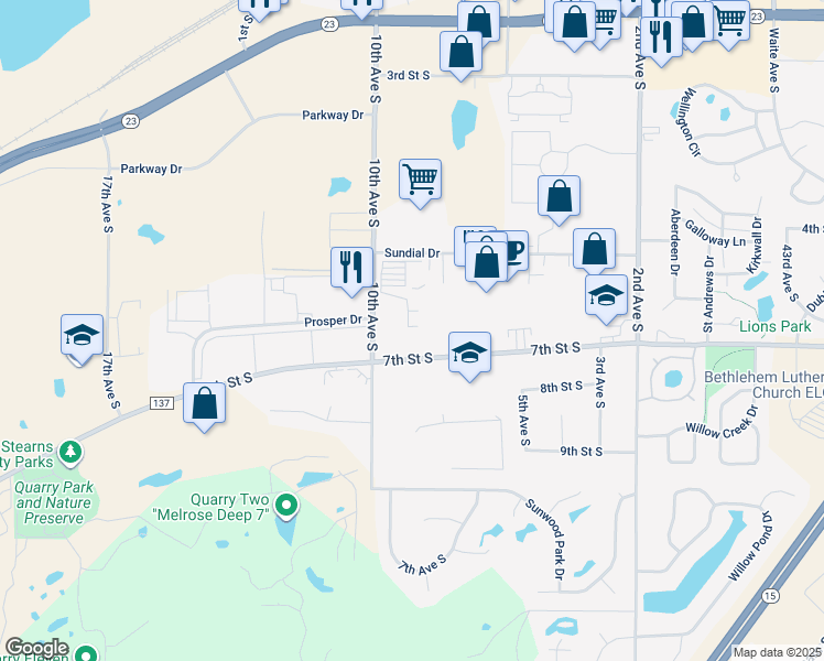 map of restaurants, bars, coffee shops, grocery stores, and more near 560 10th Avenue South in Waite Park
