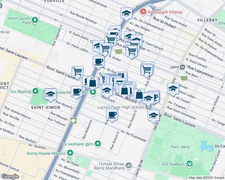 map of restaurants, bars, coffee shops, grocery stores, and more near 8557 Boulevard Saint-Laurent in Montréal