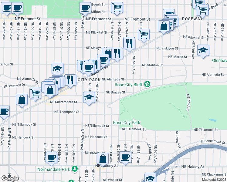 map of restaurants, bars, coffee shops, grocery stores, and more near 2504 Northeast 61st Avenue in Portland